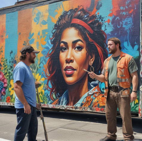 A tow truck driver stands beside a vibrant mural-in-progress, discussing details with the artist holding a paintbrush.