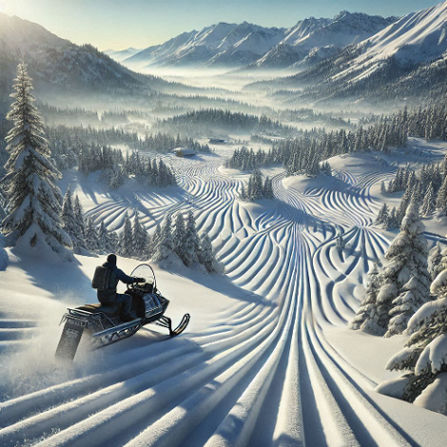 A rider on a Timbersled creates intricate snow trails amidst a picturesque, untouched winter landscape.