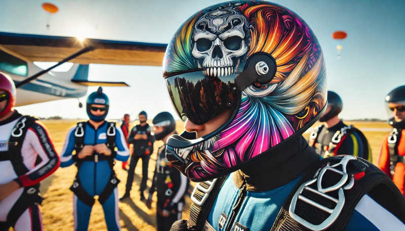 Skydiver wearing a vibrant, custom-painted helmet, preparing to jump.